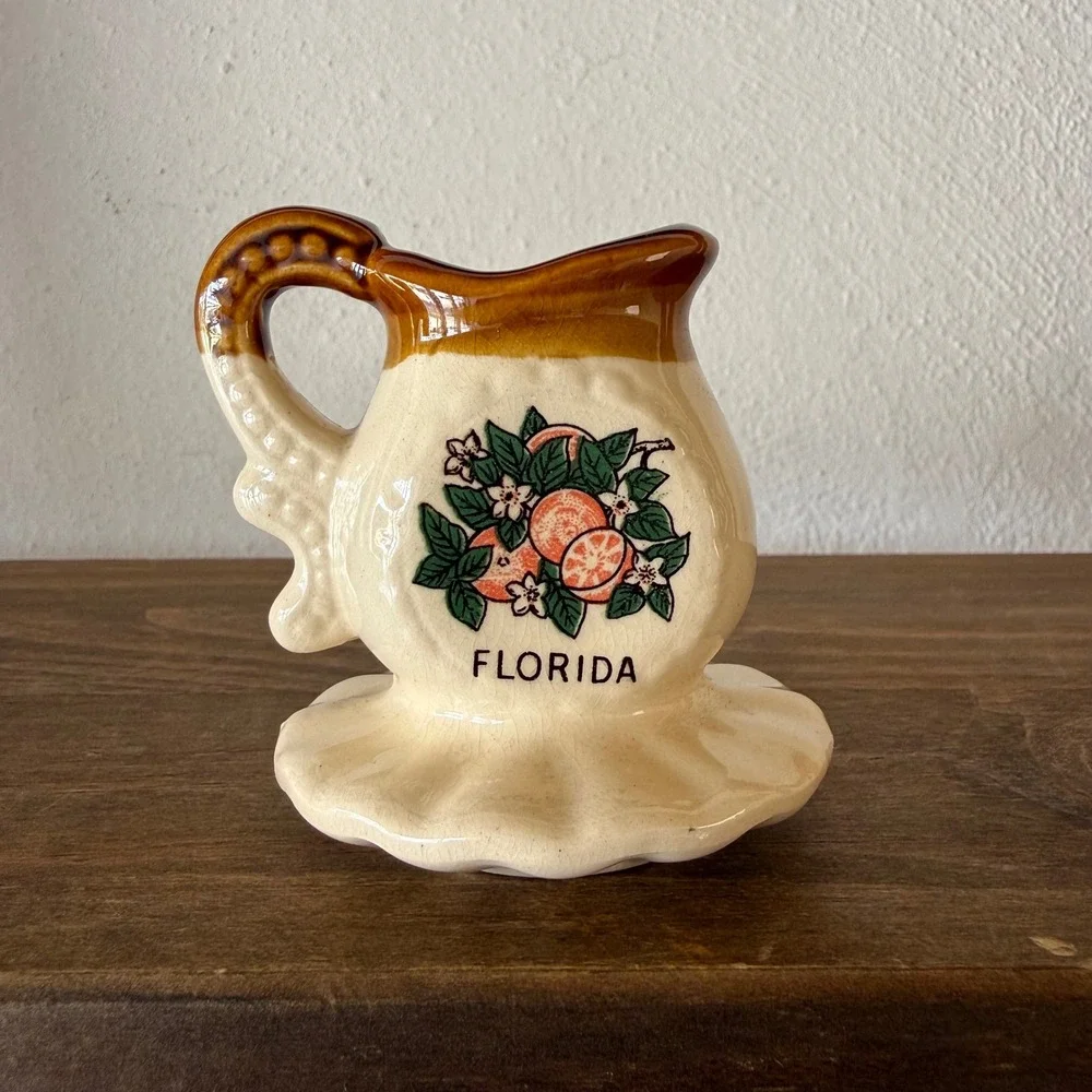 Vintage Florida Orange Mini Pitcher Creamer Ceramic Souvenir Brown Drip Glaze